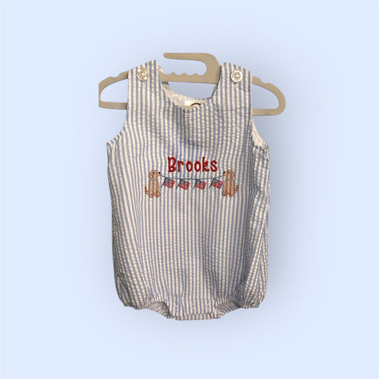 4th of July Seersucker Romper, Dogs + Flags Bunting